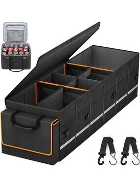 Large Car Trunk Organizer with Lid & Leakproof Cooler Bag - 6 Dividers